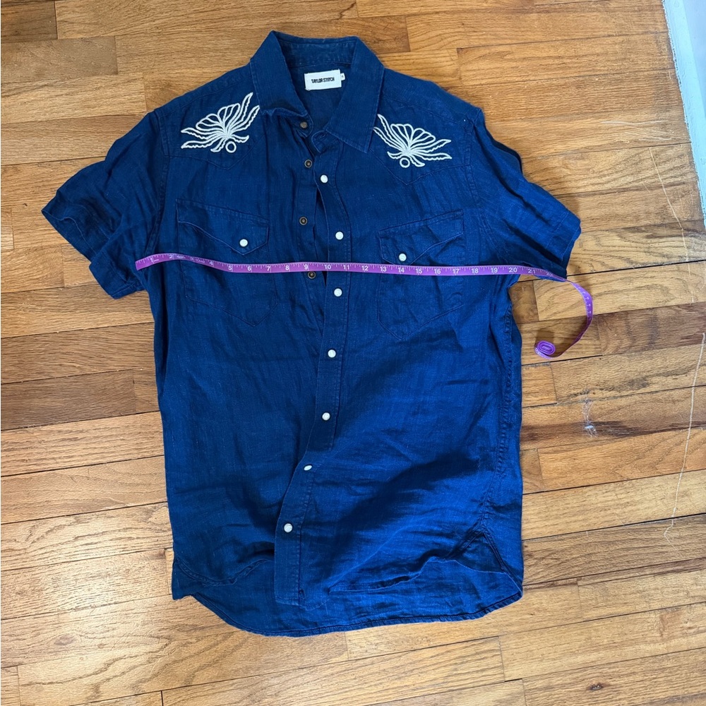 Taylor Stitch Navy Blue Embroidered Casual Shirt